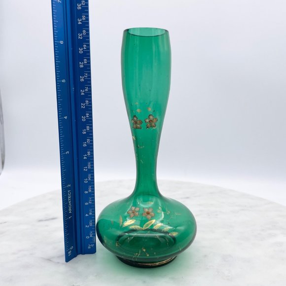Emerald Green Bohemian Glass Bud Vase Pair Hand Blown Painted Fluted Unique Vint - Picture 2 of 14